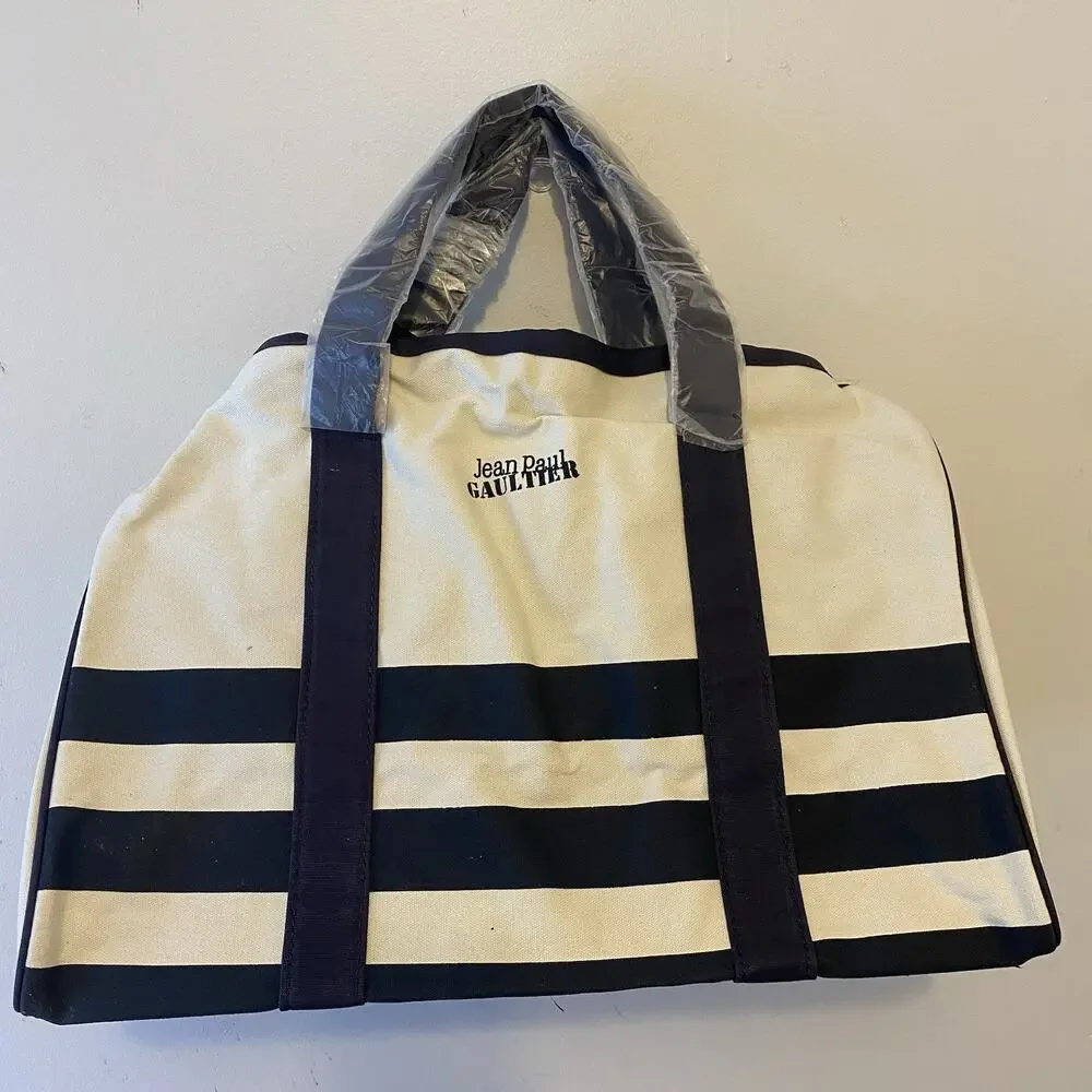 New Jean Paul Gaultier Canvas Duffle Bag Nautical Stripe Weekender 17”x11” Ivory